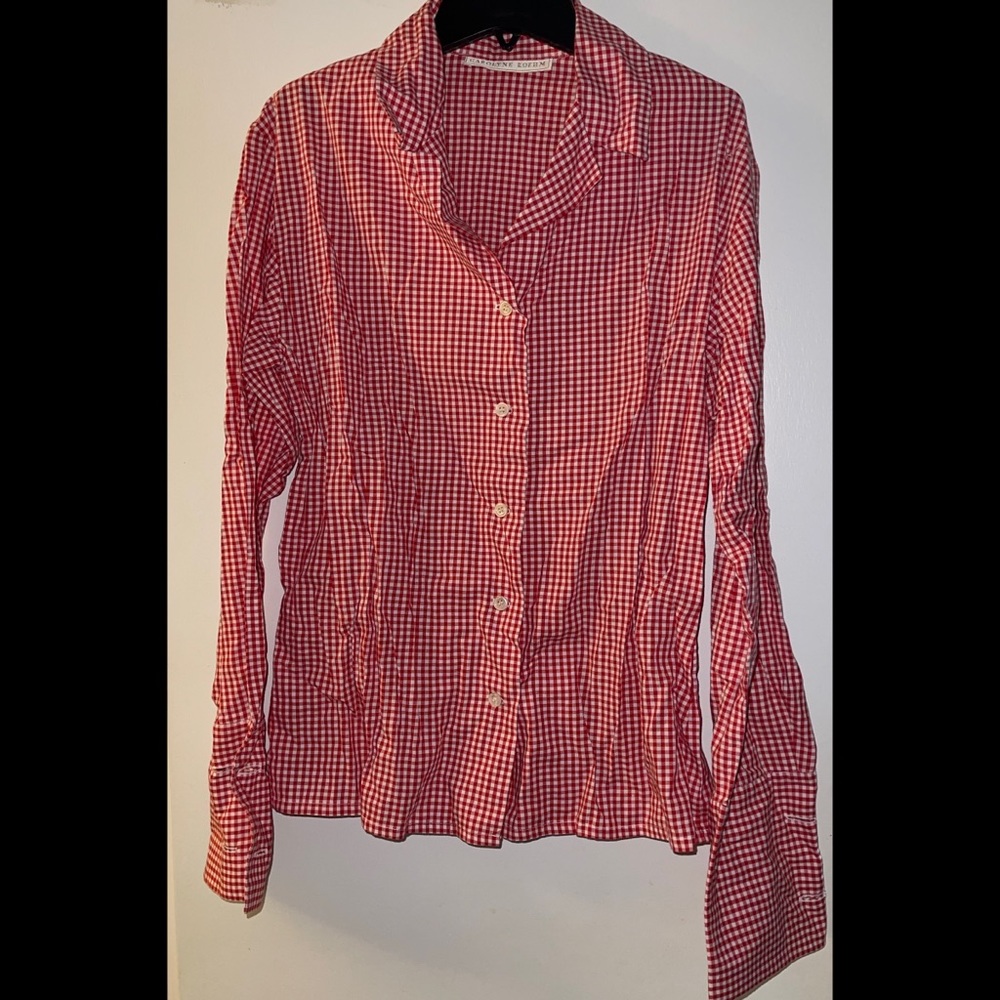 Carolyne Roehm vintage red and white checkered button down shirt.